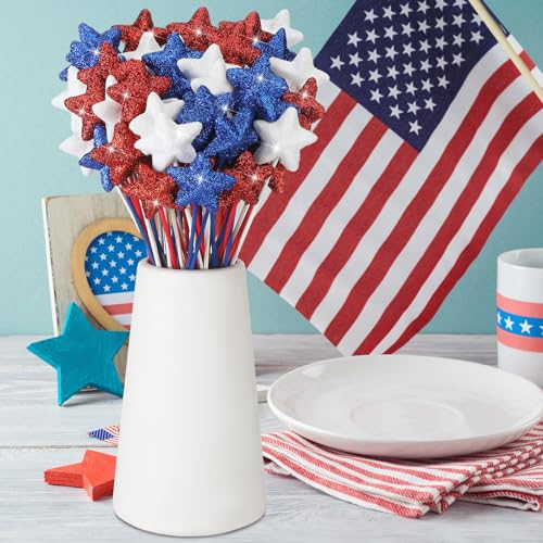 Suzile 60 Pcs 4 of July Patriotic Star Floral Picks 8'' Glitter Table Centerpiece Decor Foam Stem Sticks for Tree Wreath Crafts Wedding Bridal Moon Star Baby Shower Birthday Arrangement