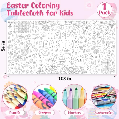Image of Giant Easter Coloring Tablecloth, 54 inch x 108 inch Easter Crafts Table Cloth, Coloring Tablecloth Disposable for Crafts Party Decorations, Rectangular Painting Poster Banner Art Activities with Bunny Eggs