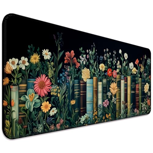 Fantasy Pretty Wildflower and Book Gaming Desk Mat, Computer Keyboard Large Extended Long Floral Mouse Pad for Office and Home, XL (W02)