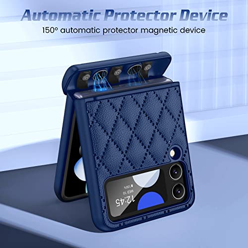 Caka For Z Flip 4 Case, Galaxy Z Flip 4 Case 5G Hinge Protection With Camera Screen Protector Leather Case Full Body Cover Protective Phone Case For Samsung Galaxy Z Flip 4 5G -Blue #TOP1
