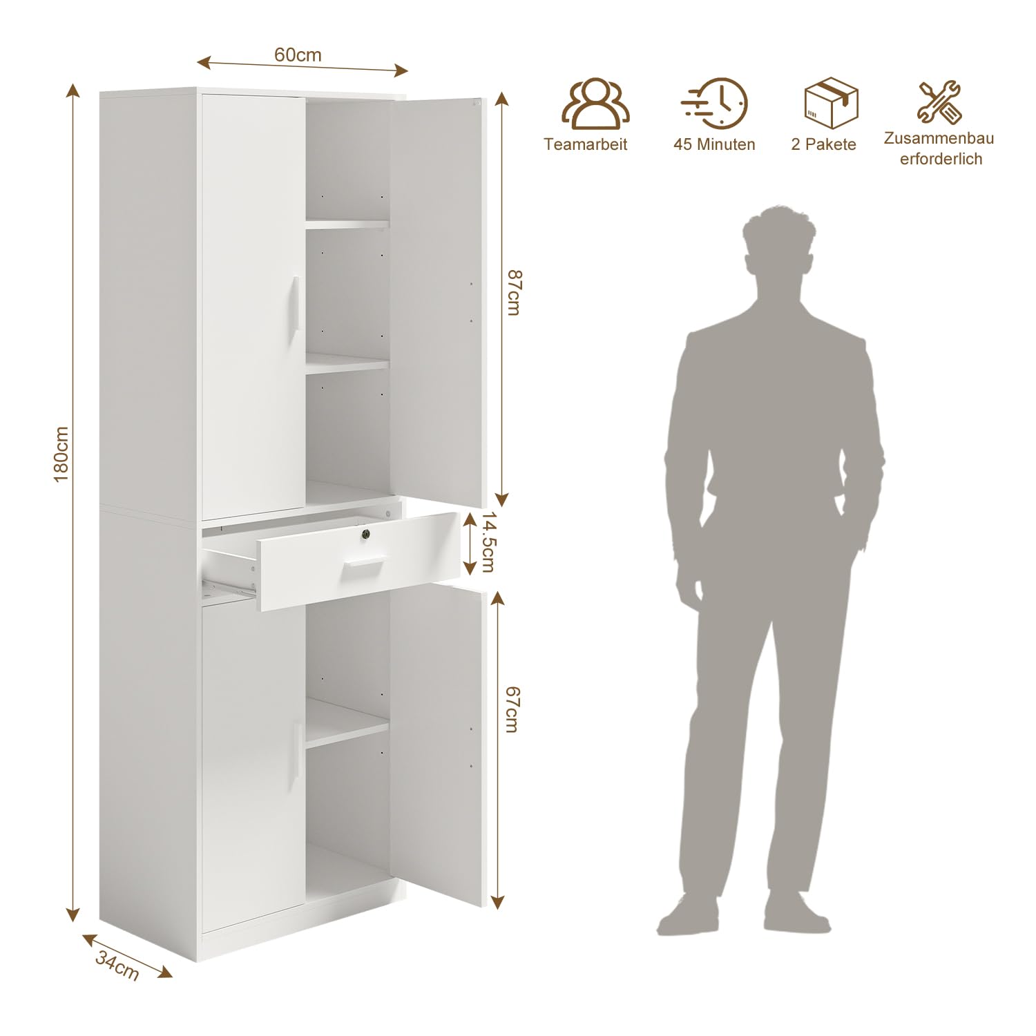 Mehrzweckschrank Büroschrank, Aktenschrank mit Schublade, Weiß | Schrank mit Schublade Türen，Kleiderschrank Küchenschrank Hochschrank，60x180x34 cm (BxHxT)