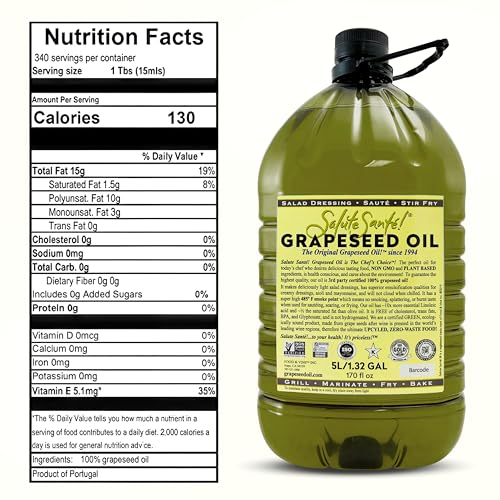 Image of Salute Sante! Grapeseed Oil - Cold Pressed & 100% Grape Oil - inchGood Inside and Out inch Healthy Cooking Oil - 5 Liter Jug - High Heat, Non-GMO, Kosher, Vegan, Heart-Healthy Culinary Essential