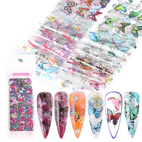 10pcs Butterfly Nail Transfer Foils Gradient Colorful Butterflies Nail Art Foil Stickers Summer Decor Starry Sky Nail Adhesive Decals for Nails Supply Manicure Tips Wraps Decorations Acrylic Charms