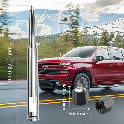 Image of Car Truck Antenna with Tire Valve Caps American Flag Universal Short Replacement for GMC Sierra Chevy Silverado Dodge Ram 1500 2500 3500 Ford F150 F250 F350 Super Duty Raptor Accessories, Chrome