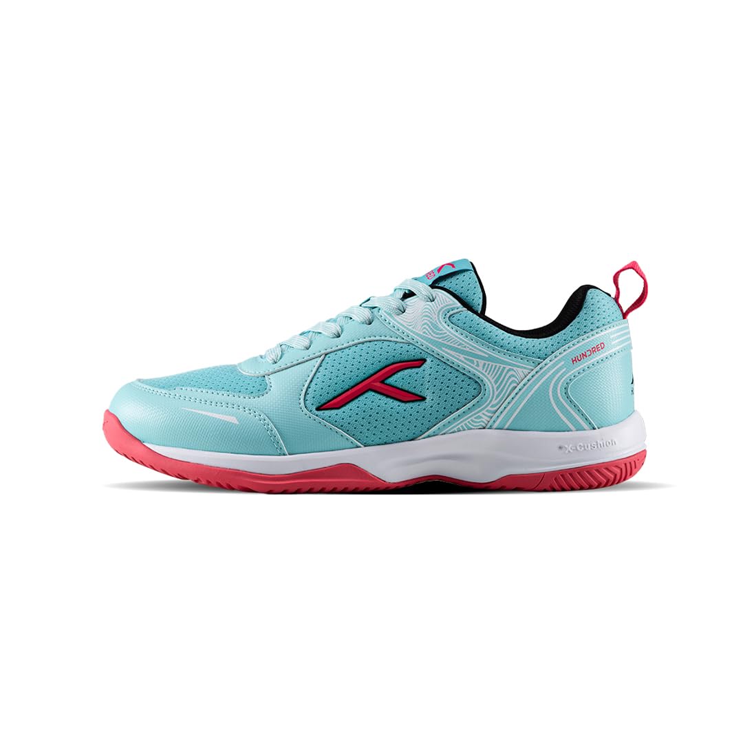 Court Step PBX Unisex Non-Marking Court Shoes | Badminton, Pickleball, Table Tennis & Other Indoor Sports | Lightweight, Cushioned Grip (Sea Blue/Hyper Pink/Black ; UK 9)