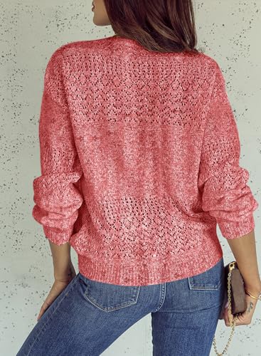 Image of SHEWIN Women's Sweaters Casual Long Sleeve V Neck Crewneck Lightweight Crochet Pullover Sweater Tops