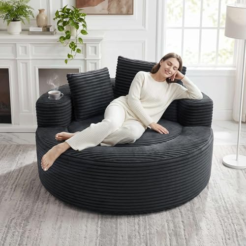 Image of Trustyue Boneless Couch,Comfy Fluffy Sofa Bed,Upholstered Sleeper Sofa with Cup Holder and Throw Pillows,Corduroy Plush Cloud Lounge Chair