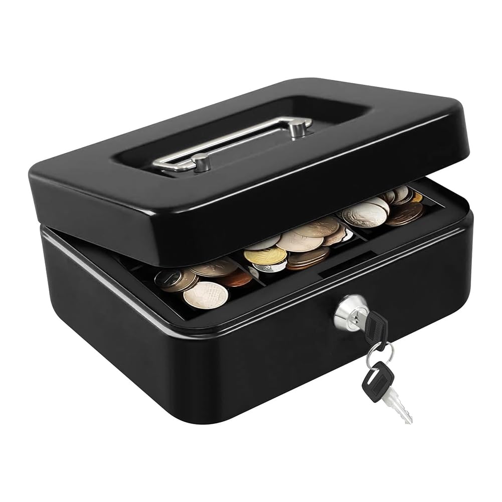 UDSKNV[KSL Locking Cash Safe Box with Key Lock, Portable Metal Money Box Featuring Removable Coin Tray Handle