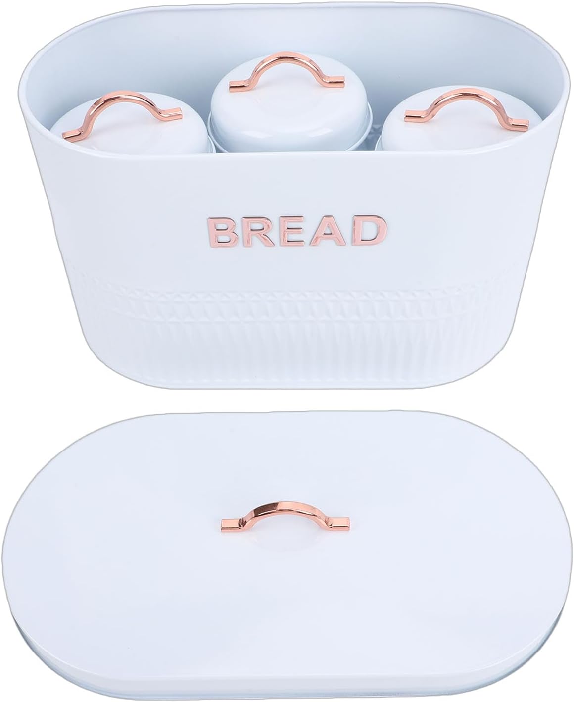 Metal Bread Box and Canister Set, Food Grade Storage Metal Canister for Tea, Coffee & Sugar, Ideal for Kitchen Countertop & RVs (White)