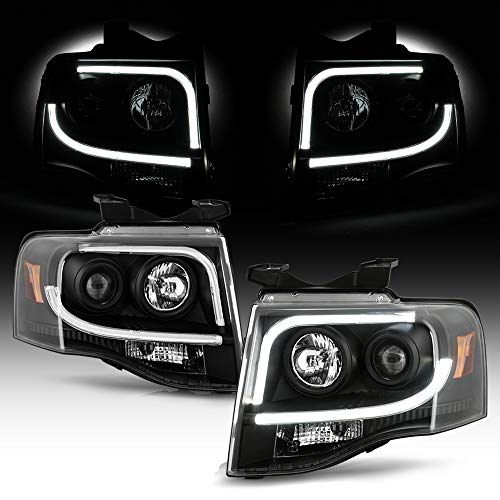 ACANII - For 2007-2014 Ford Expedition LED Tube Black Housing Projector Headlights Headlamps, Driver & Passenger Side