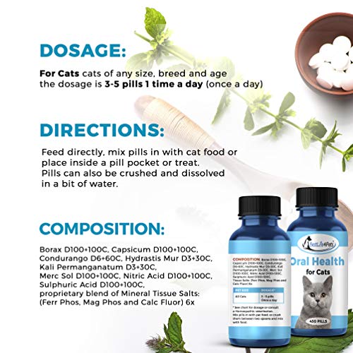 Oral Health for Cats Dental Treatment - Natural Stomatitis and Gingivitis Solution is Highly Effective for Feline Mouth Issues Including Tartar and Inflammed Gums - Easy to Use (450 pills)