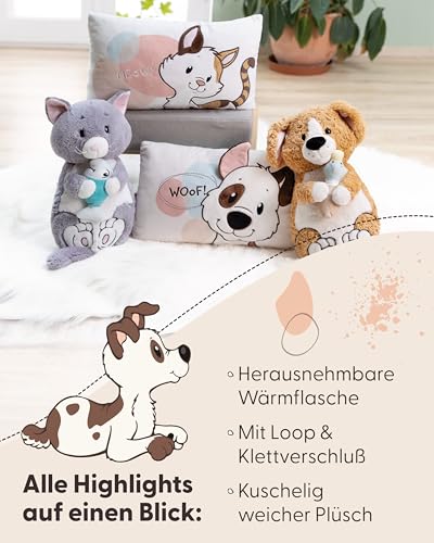 NICI Kuscheltier Wärmflasche Hund mit Ente 300ml 30cm - weiss - Kuscheliges Wärmetier ab 10 Monaten – Plüschtier-Wärmflasche, Wärmebeutel für Kinder und Erwachsene - 62167