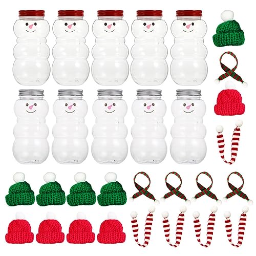 Kichvoe 10 Sets Christmas Plastic Juice Bottle Snowman Man Water Bottles Xmas Plastic Juice Bottles With Caps And Scarfs Empty Beverage Bottles For Drinks Milk 350ml