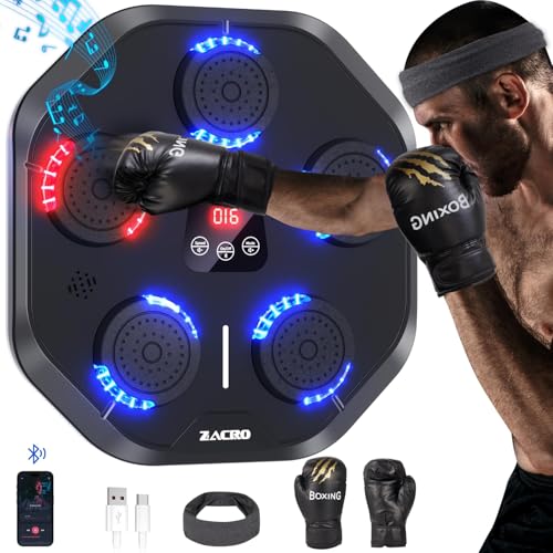 Zacro Music Boxing Machine con Guanti & Fascia - Macchina da Boxe Musicale 9 modalità di Allenamento e 9 velocità, LED Musica Bluetooth Boxe Allenamento per Casa, per Adulti e Bambini