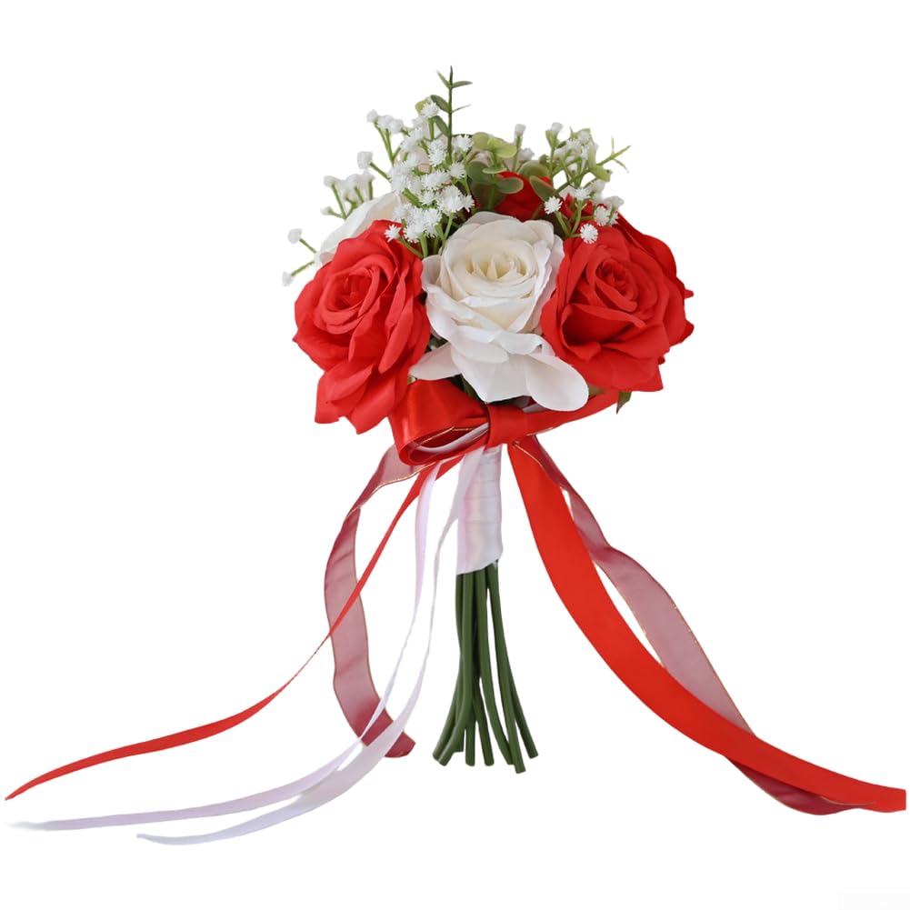 Bouquet da sposa realistico con rose in seta con fiocco – elegante decorazione per matrimoni per damigelle d'onore (stile 1)