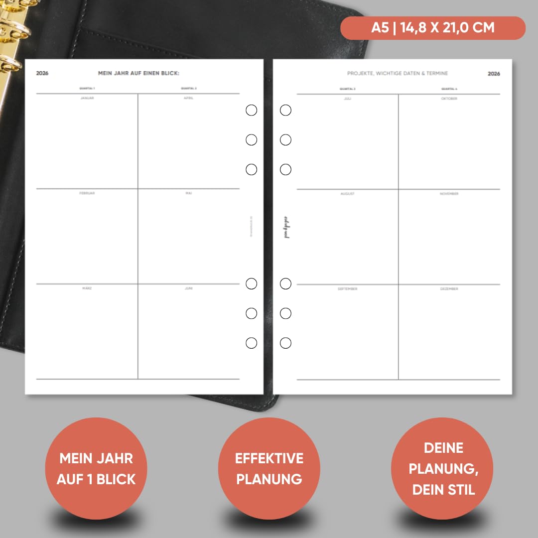 pen & pages® Kalender 2026 "Tagesplan" 1 Woche auf 2 Seiten DIN A5 Kalendereinlage für Ringbuch mit Monatsübersicht Jahresübersicht DACH Feiertagen 6 fach Lochung (All-in-One)