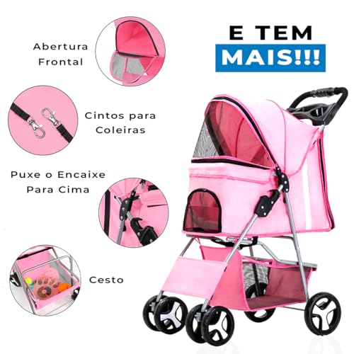 CARRINHO DE PASSEIO TRANSPORTE PET CÃS E GATOS PARA VIAGEM, DOBRÁVEL (Rosa)