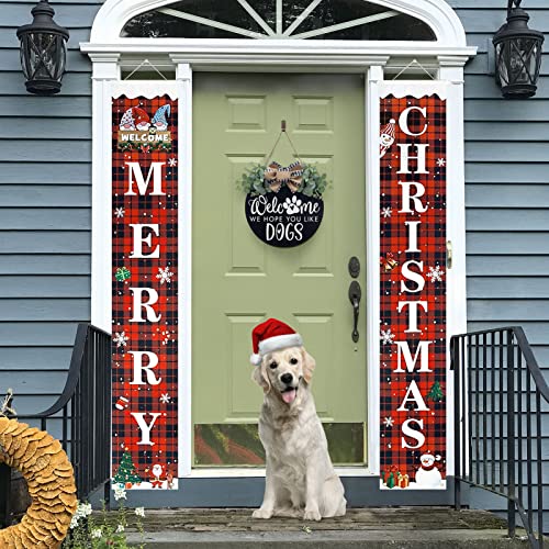 Welcome We Hope You Like Dogs Farmhouse Door Sign For Front Door Porch Decor With Eucalyptus Leaves & Buffalo Bow - Welcome Wreath Sign Hanging For Dogs Lovers Christmas Decoration Housewarming Gift #TOP1