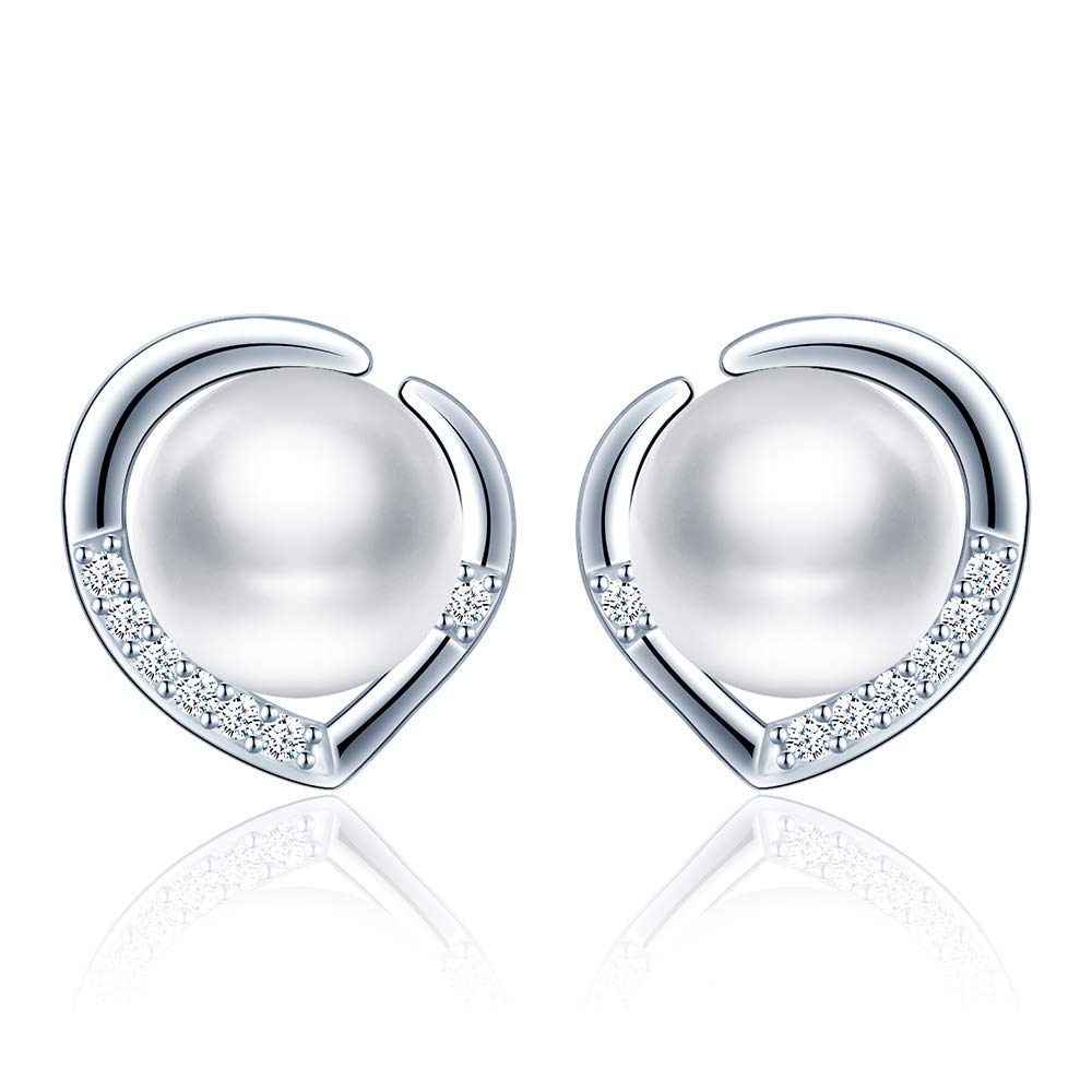 MicLee Pendientes de Perlas Agua Dulce para Mujer Pendiente de Botón de Plata de Ley 925 Pendiente de Corazón Joyería Regalo del día de Madre con Caja de Regalo