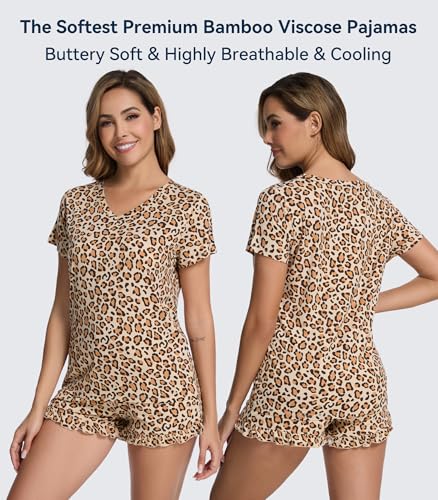 Image of WiWi Womens Pajamas Set Bamboo Viscose Super Soft Short Sleeve Top Ruffle Shorts Sleepwear Cooling Pj Sets S-XXL