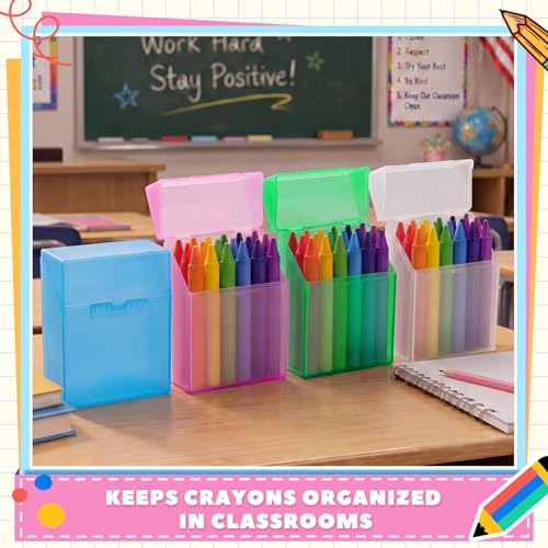 Image of Clabby 4 Pcs Clear Plastic Crayon Boxes Hold 24 Count, Crystal | Organizer Box, Case, Colorful, Portable Storage Holder with Snap Lid, for Kids Boys Girls School Classroom Home Art Supply