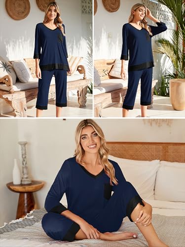 KORSIS Womens PJ Sets Causal Soft Pajamas Set Navy Blue Small Sleepwear 3/4 Sleeve V-Neck Top and Waisted Adjustable Capri Pants with Pocket — view 5