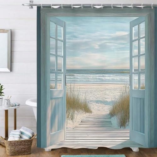 Rideau de douche bleu beach barn door rustique 120x180 cm