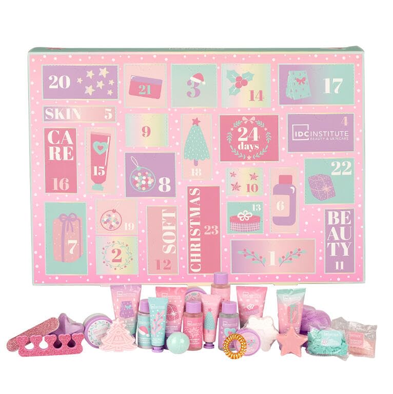 IDC Institute - Calendrier de l'Avent Douceur de Noël 24 Jours - Coffret Beauté et Bien-Être avec Soins Visage - Corps, Cheveux, Bombes de Bain et Accessoires