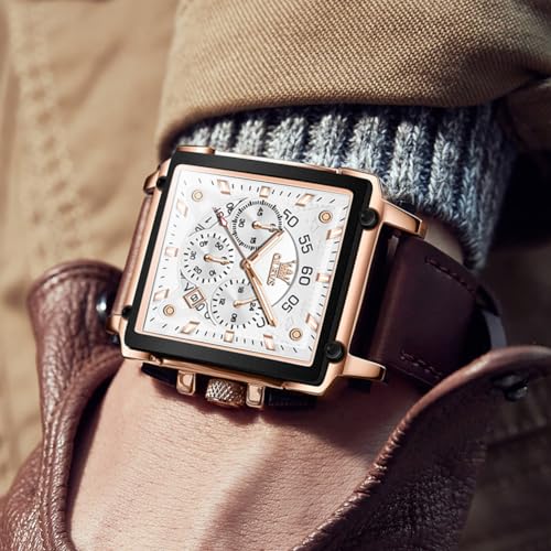 Image of OLEVS Watches for Men Quartz Chronograph Leather Fashion Dress Watch Date Waterproof Luminous Casual Square Business Wrist Watches