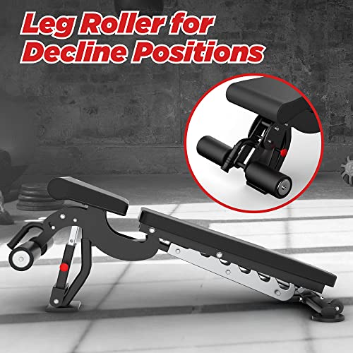 Iron Crush Premium Adjustable Weight Bench - Heavy Duty 1150LBS Weight Capacity Bench Press with 7 Decline To Incline Angles, 5 Seat Adjustments, Foot Roller, Non-Slip Leather, Wheels
