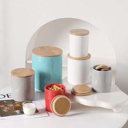 Miniatura 6 de Sweejar Kitchen Canisters - Juego de tarros de cerámica para almacenamiento de alimentos, recipientes apilables con tapa de bambú hermética para