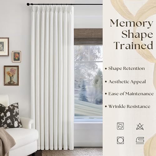 Image of Ivory Pinch Pleated Linen Sheer Curtains 1 Panel for Living Room 60x108 | 60 Inch Width, Memory Training Shaped, Semi Sheer, Pleat Drapes, Hooks Rings, Light Filtering, Ceiling Window Curtain