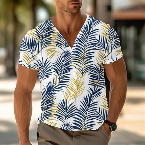 Mens Hawaiian Shirts Short Sleeve Casual V Neck Tropical Beach Shirt Fashion Vacation Tees Summmer Clothes 20252