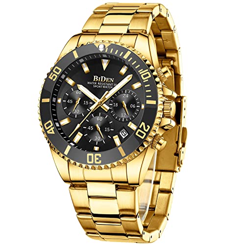 Biden Relojes para Hombre, cronógrafo, de Acero Inoxidable, Impermeable, con Fecha, analógico, de Cuarzo, para Negocios, Casual, a la Moda, para Hombre, Oro Negro C, Pulsera