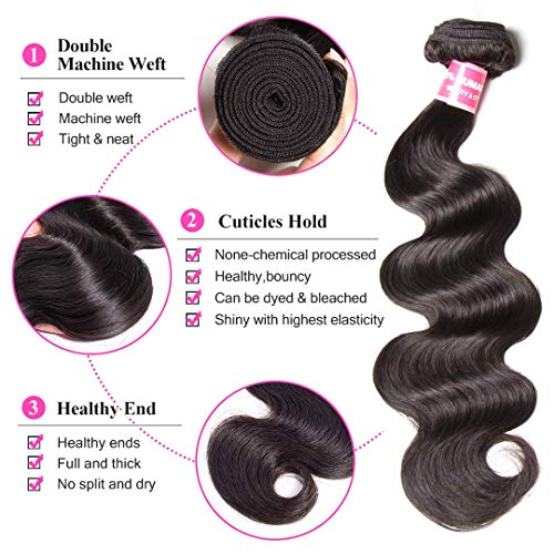 Sunber Body Wave Human Hair Bundles, 12A Grade Brazilian Virgin Hair 18”20”22”Hair Extensions 3 Bundles 100% Unprocessed Weave Bundles Natural Black Color Double Weft Body Wave Bundles #TOP6