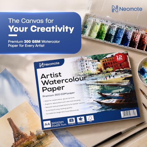 Image of Neomate Artists Watercolour Paper | 300 GSM, Size A4, Cold Pressed | Pack of 12 Sheets | Ideal for Artist, Professional Drawing, Painting Dry & Wet, Fine Arts Students