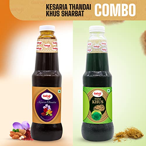 Image of SHREE Guruji Kesaria Thandai & Khus Sharbat Combo Pack Special Dry Fruit Syrup Instant Refreshing Drink For Summer (1 Litre), Liquid