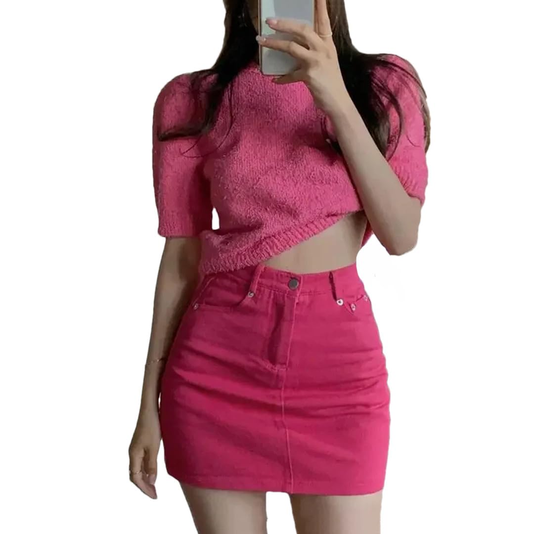 Gonna corta da donna con tasca, a vita alta, mini svasata, vintage, in denim, Gonna rosa rossa, L