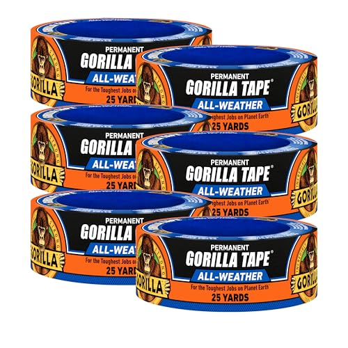 Image of Gorilla All Weather Duct Tape, Black, 1.88 inch x 25 yd (Pack of 6) - UV and Temperature Resistant Waterproof Tape for Outdoor Repairs