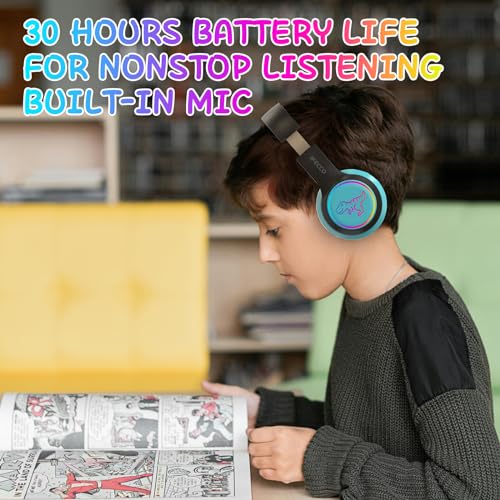Image of IFECCO Wireless Kids Boys Headphones with Microphone,Cute Light Up Dinosaur Children Boys Bluetooth Headphones with Case for School Travel Gifts