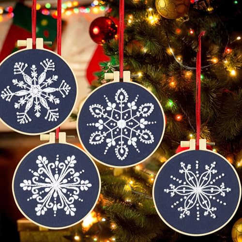 Image of Armindou Christmas Embroidery Starter Kits for Beginners Adults, Winter Snowflake Hand Embroidery Needlepoint DIY Kits, Christmas Stamped Cross Stitch Kits for Beginners Adults, 4 Set Embroidery Hoops