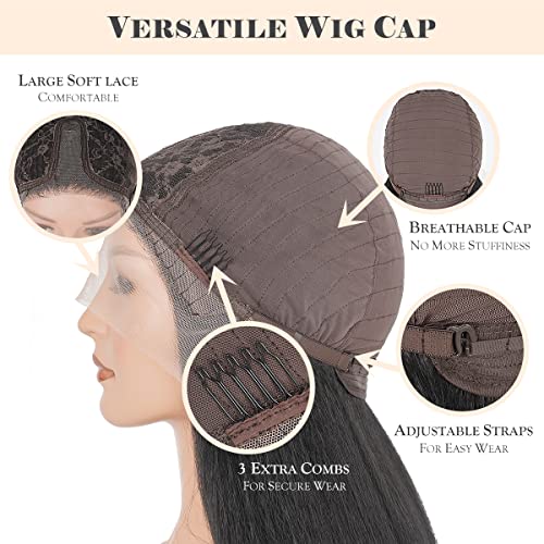 Aminow Kinky Straight Lace Front Wigs, Soft & Natural As Human Hair, Pre Plucked Glueless Wigs For Black Women, Italian Yaki Long Black Synthetic Lace Wig 22 Inch #TOP4