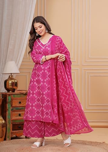 Image of MEERA FAB Women's Pure Cotton Bandhani Printed Kurta with Palazzo & Dupatta