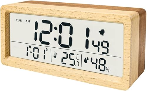 everwood Despertador digital de madera con pantalla de calendario para dormitorios, funciona con pilas
