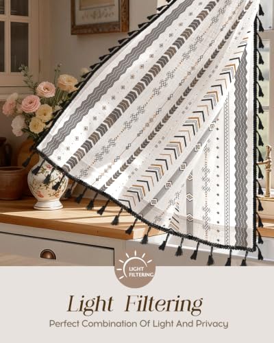 Image of Miss Adola Boho Kitchen Curtains - 24 Inch Length Linen Blend Modern Striped Cafe Curtains Tassels Tier Curtain Short Drapes Rod Pocket for Bathroom Living Room Windows Light Filtering, 2 Panels