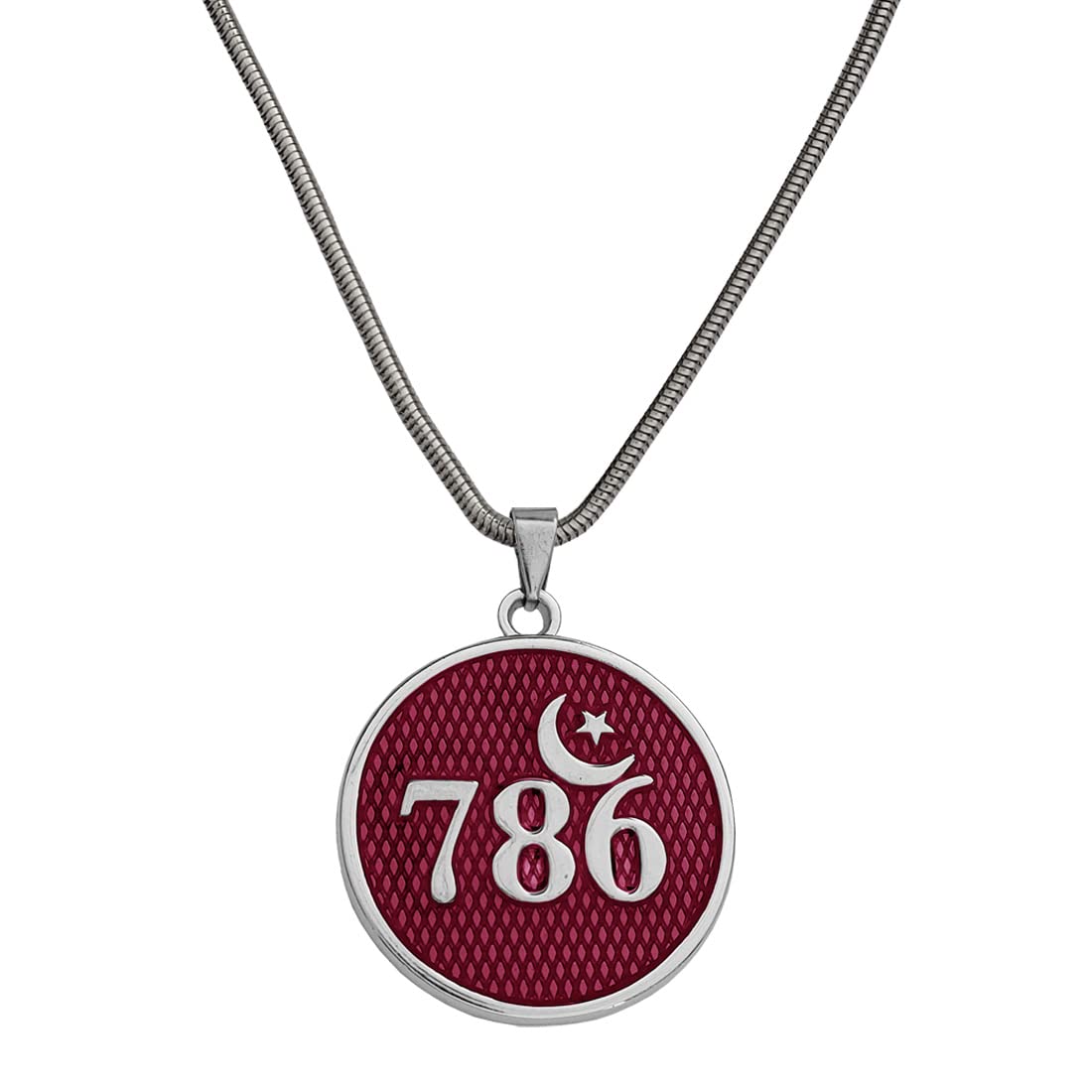 M Men StyleReligious Islamic 786 Allah Lucky Number Moon & Star Jewelery Pink,Silver Zinc Metal Pendant Necklace Chain for Men and Women