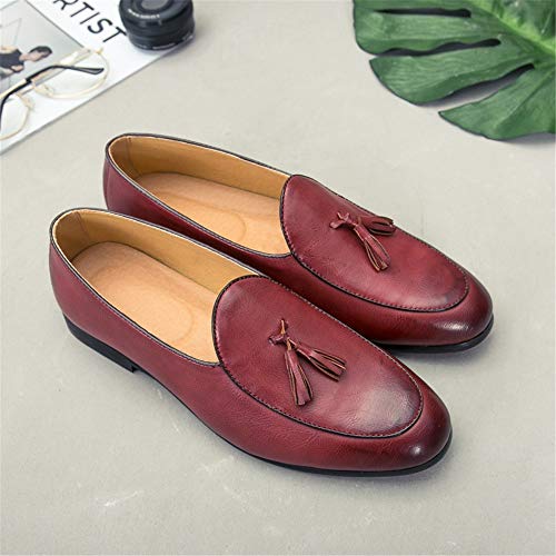 Loafer for Men Round Moc Toe Tassel Plain Low Block Heel Stitching Synthetic Leather Rubber Sole(Red,10 M US)2