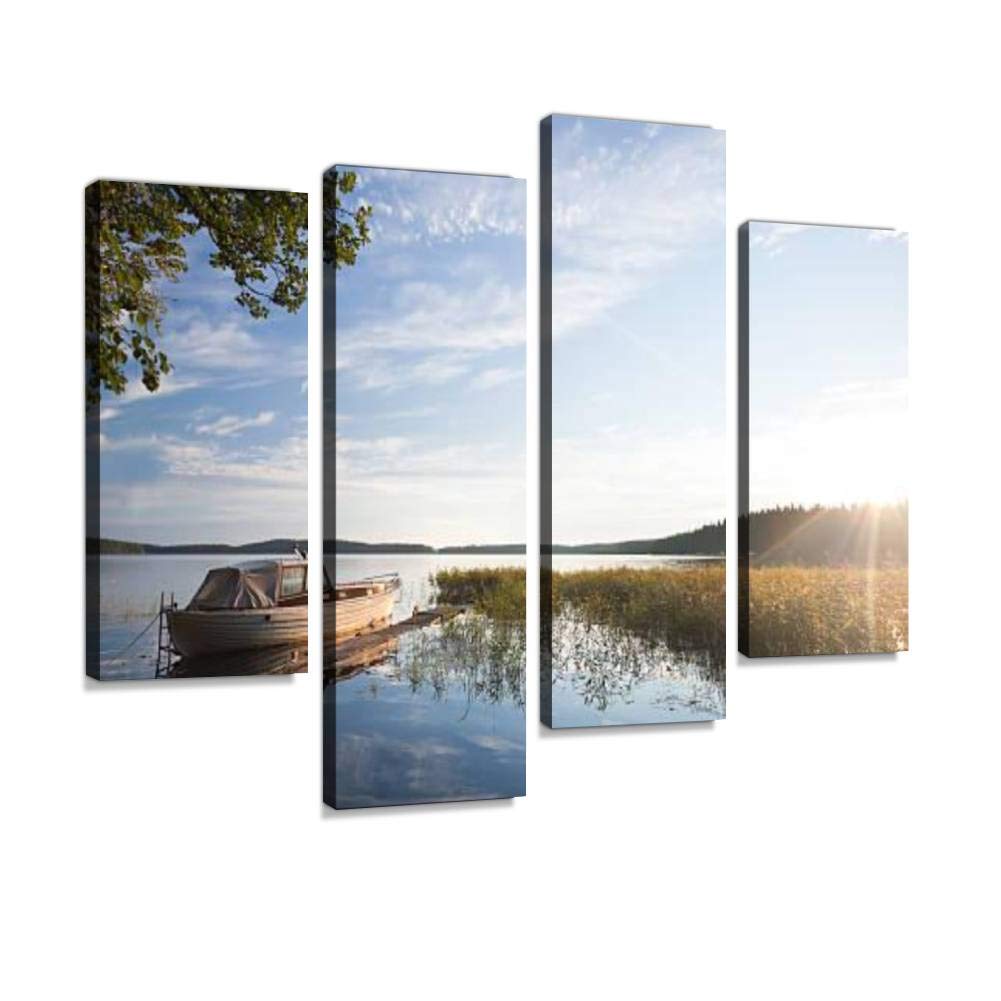 small fishing boat moored on saimaa lake in imatra town little boat Canvas Print Artwork Wall Art Pictures Framed Digital Print Abstract Painting Room Home Office Decor Ready to Hang 4 Panel