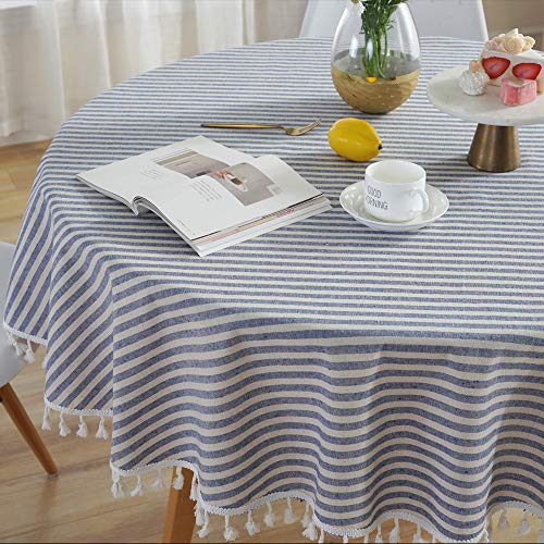Plenmor Nappe ronde en coton et lin à rayures et pompons - Résistante à la poussière - Pour cuisine, salle à manger - 150 cm - Bleu Cover