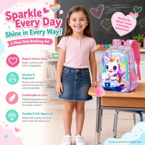 Image of 16 inch Unicorn Backpack for Girls, 3Pcs School Backpacks Set for Elementary Preschool Kindergarten, Kids Truck Bookbag with Lunch Box(Pink)